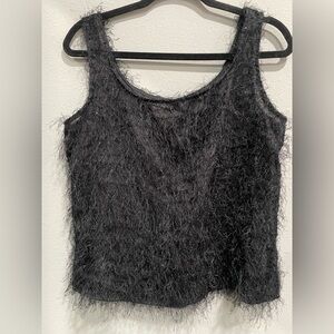 Vintage 90's Russell Kemp Womens Black Fringe Sheer Fuzzy Tank (M)